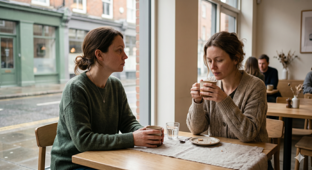 Two friends sitting quietly across from each other in a café, emotional distance and quiet tension, soft evening lighting