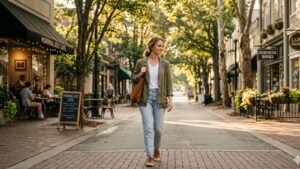 Woman walking alone through a quiet city street in soft morning sunlight, reflective mood, emotional fresh start theme - psych roast