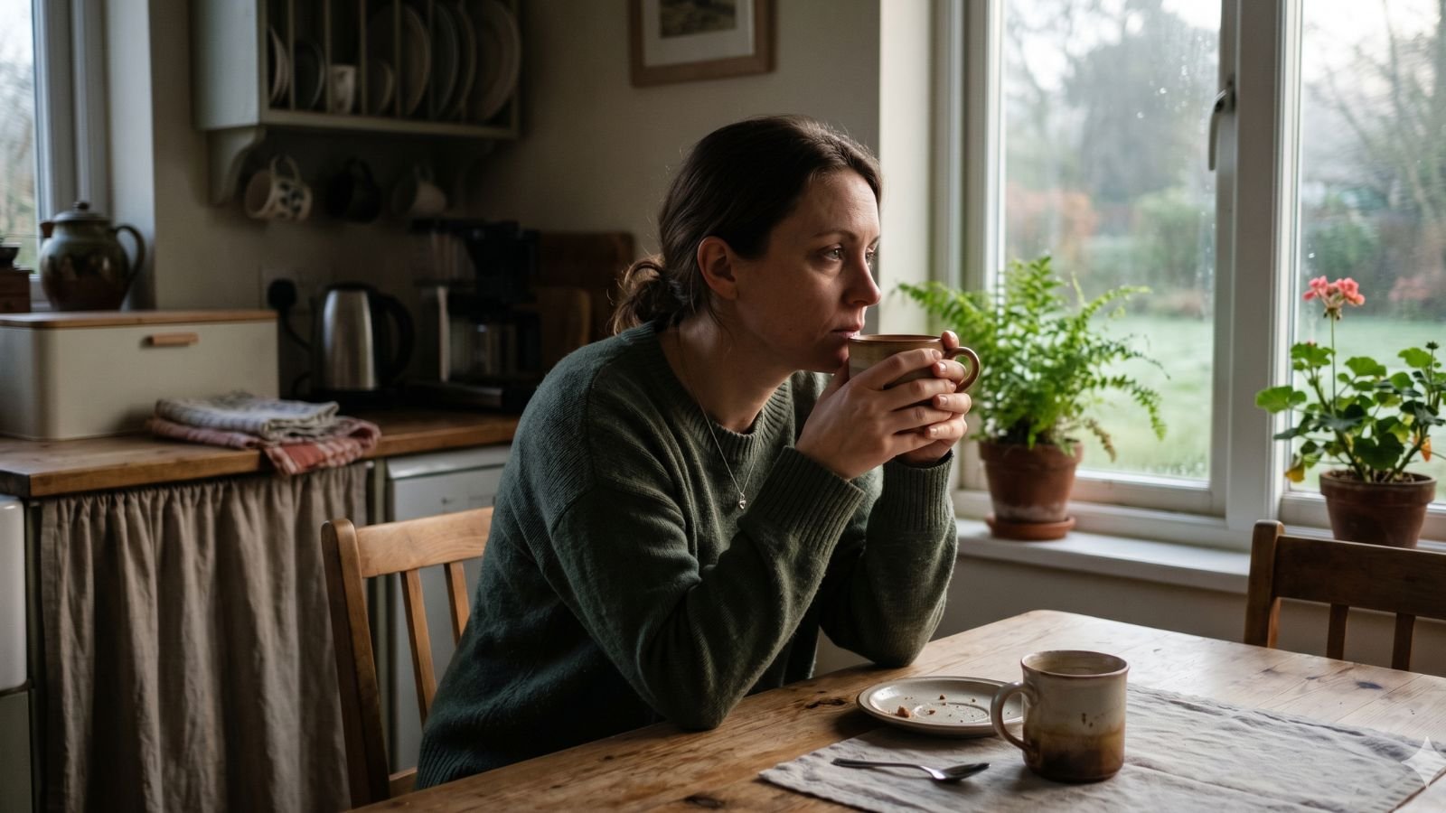 Person sitting alone at kitchen table in soft evening light, thoughtful expression, quiet emotional exhaustion
