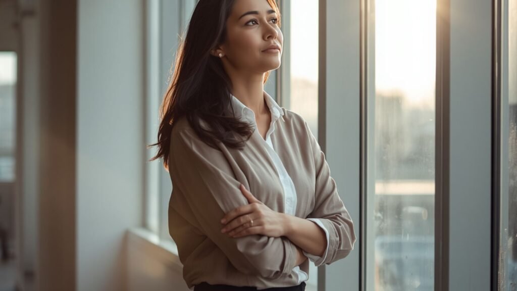 Professional standing alone near office windows in bright morning sunlight, reflective expression, contemplating achievement and self-worth - Why some people can't stop proving themselves -
