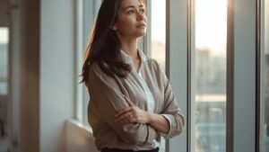 Professional standing alone near office windows in bright morning sunlight, reflective expression, contemplating achievement and self-worth - Why some people can't stop proving themselves -