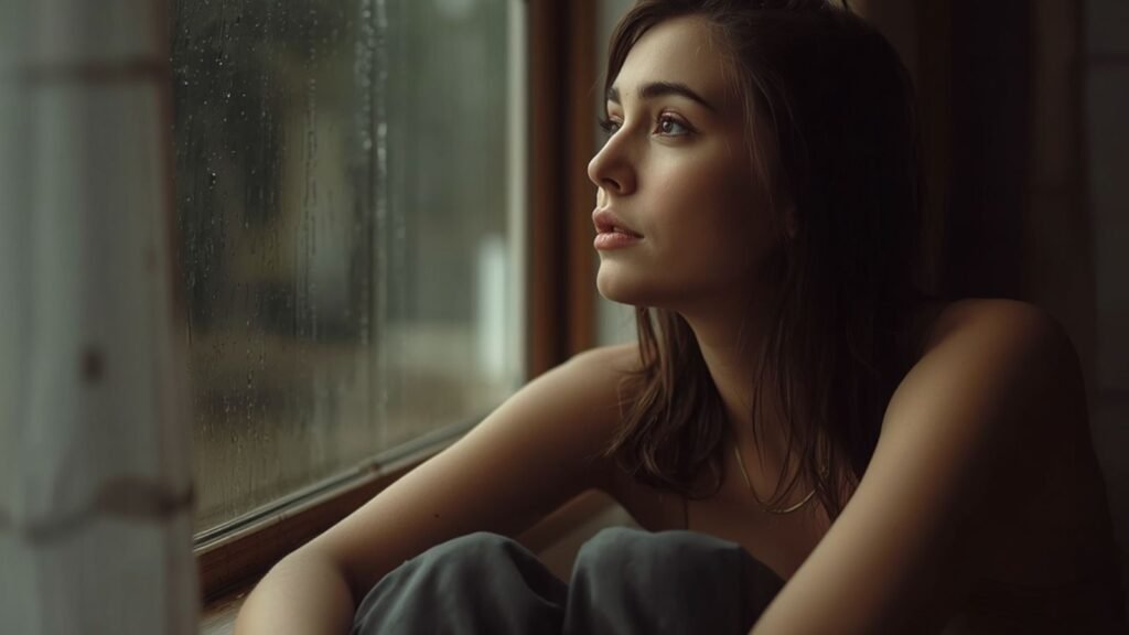 Woman sitting quietly beside a rain-covered window, reflective mood, soft natural light, emotional distance theme