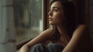 Woman sitting quietly beside a rain-covered window, reflective mood, soft natural light, emotional distance theme