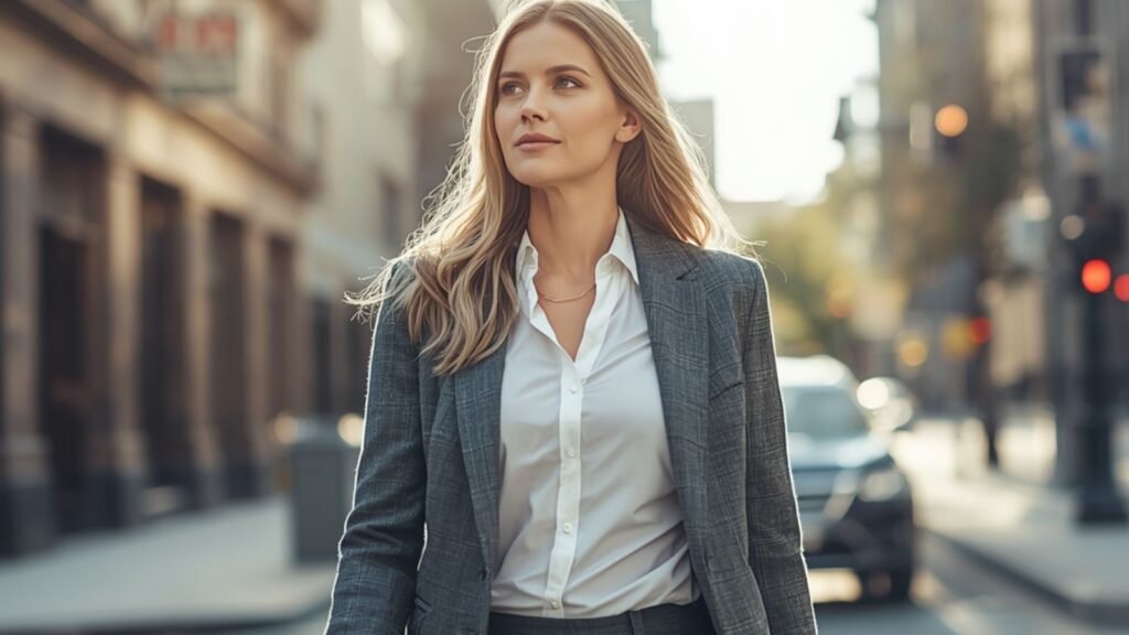 Professional woman walking through a bright city street in morning sunlight, thoughtful expression after achieving a major milestone - when success stops feling good