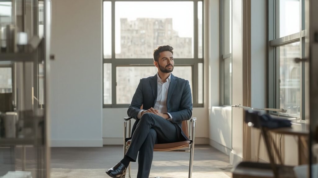 When Your Job Becomes Your Personality When your job becomes your personality - Professional sitting alone in a bright modern office during morning sunlight, reflective expression, questioning career identity and work-life balance