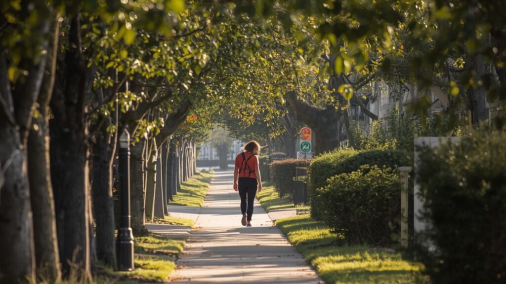 Why Some Friendships Never Fully Leave You - Person walking alone through a sunny neighborhood street during afternoon light, reflecting on old friendships and meaningful memories