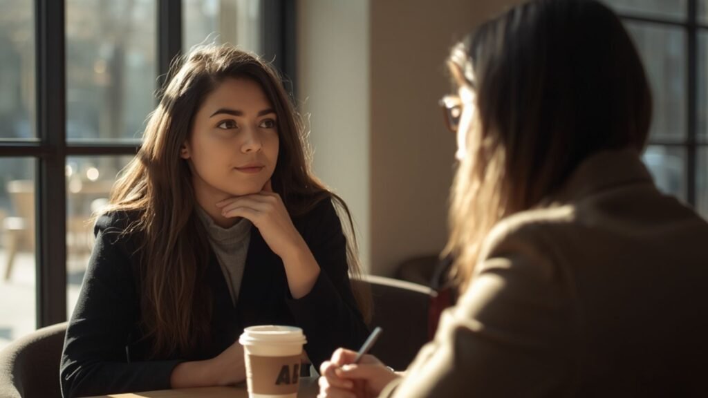 Why Some People Need To Be Needed - Woman sitting in a bright café during the morning, listening attentively to a friend while reflecting on emotional patterns and relationships.