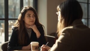 Why Some People Need To Be Needed - Woman sitting in a bright café during the morning, listening attentively to a friend while reflecting on emotional patterns and relationships.