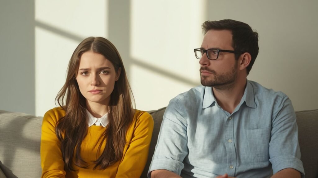Why We Fall In Love With Potential Why We Fall In Love With Potential - Couple sitting on sofa feeling uncertain about their future on a bright afternoon sunlight, thoughtfully reflecting on a romantic relationship and future possibilities.