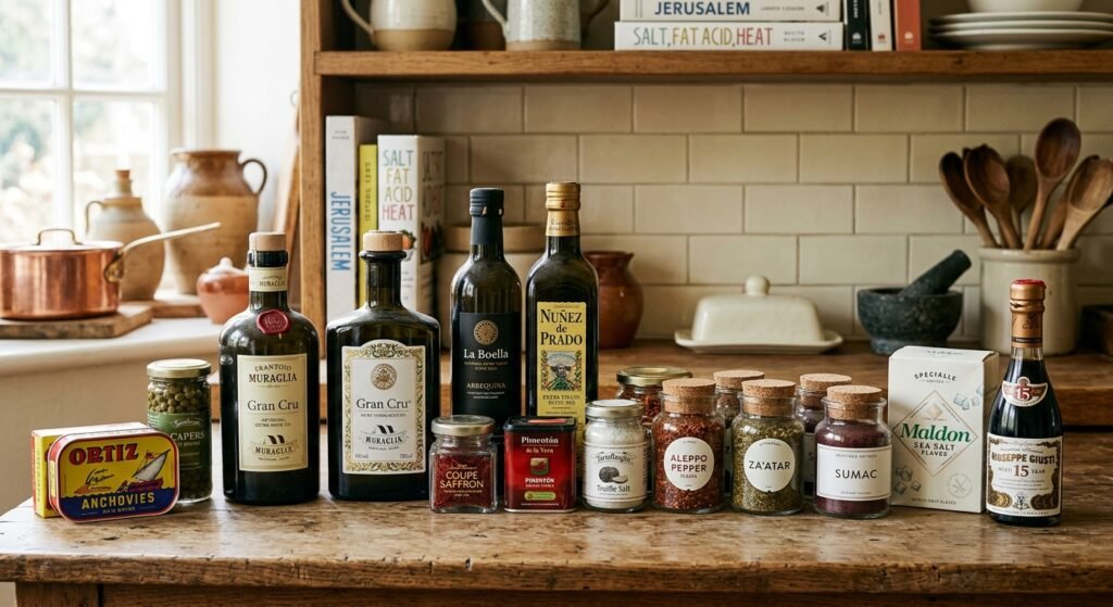 the kitchen counter as storage for luxury ingredients you will never use